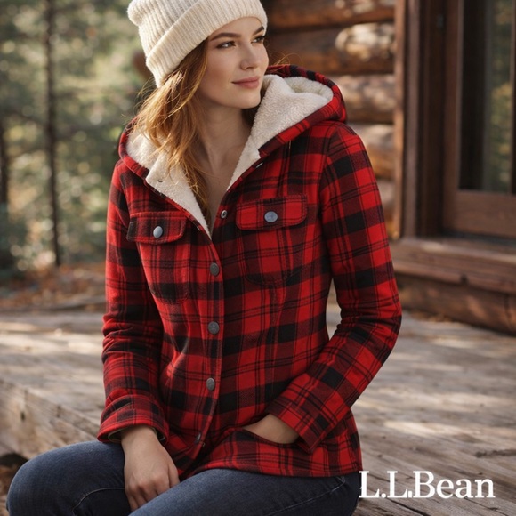 L.L. Bean Jackets & Blazers - L.L.Bean Sherpa Lined Flannel Hooded Jacket Red Plaid XS Petite Cozy Shacket